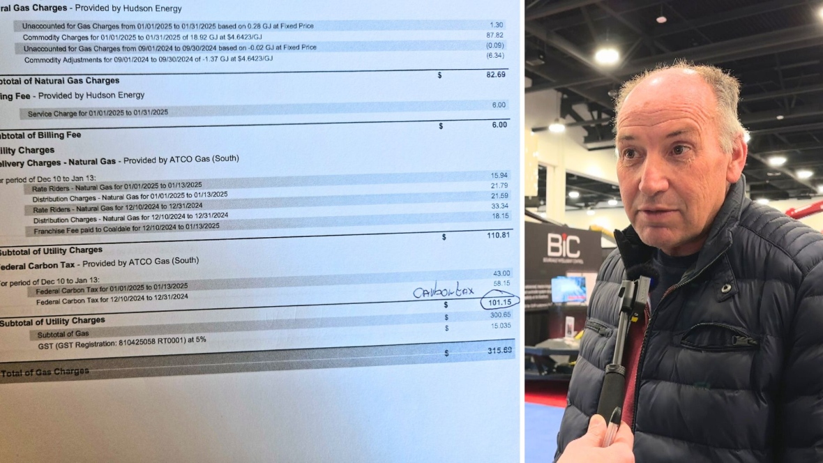 A man stands in the market hall of the Agricultural Expo. This photo fills one third of the screen. The other two thirds has a copy of a bill.